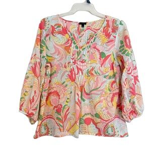 Talbots Cream and Pink Graphic Cotton Blouse with 3/4 Sleeves Large
